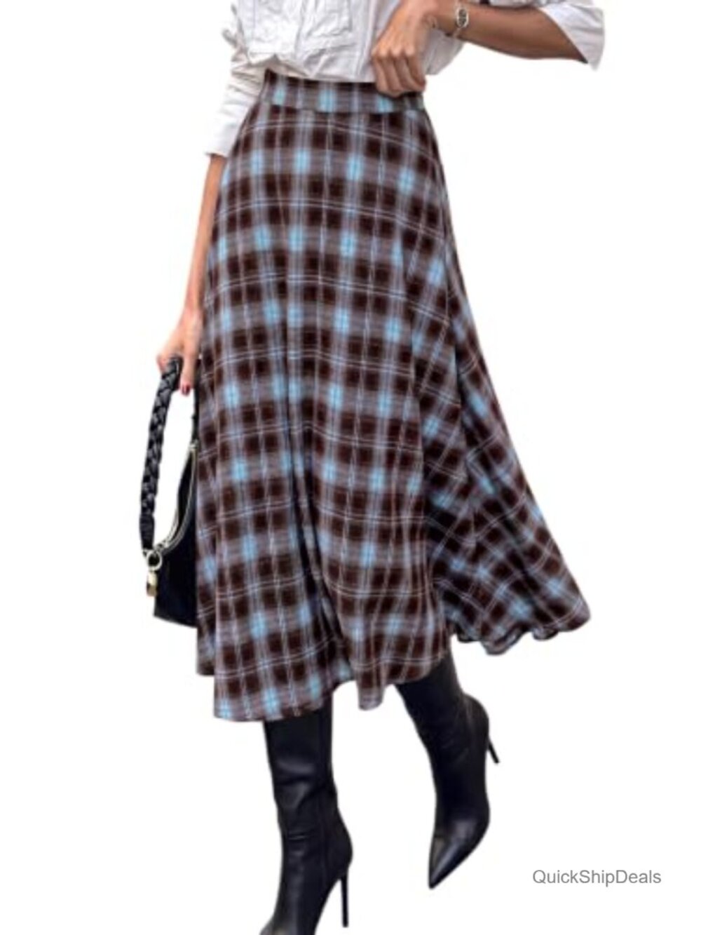 Plaid High Waisted A-Line Midi Skirt